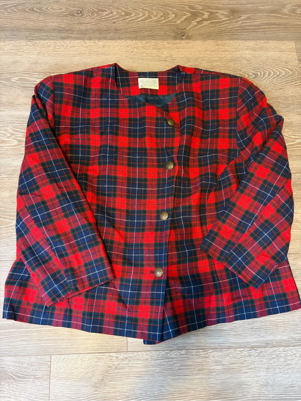 VTG 1980s Pendleton Red & Navy Tartan Plaid Virgin Wool Collarless Jacket πΊπΈ